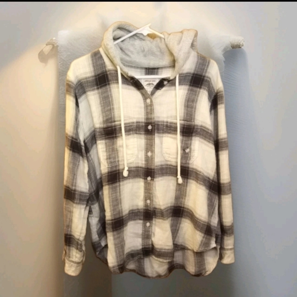 American Eagle Distressed Flannel Hoodie Oversized Women's Small Gray White